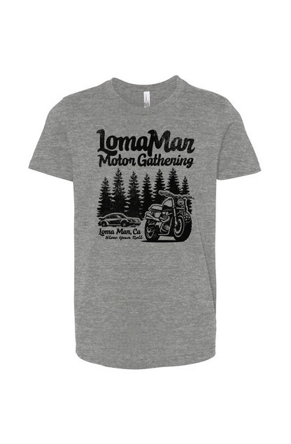 Youth jersey short sleeve t-shirt with "Loma Mar Motor Gathering" design on chest