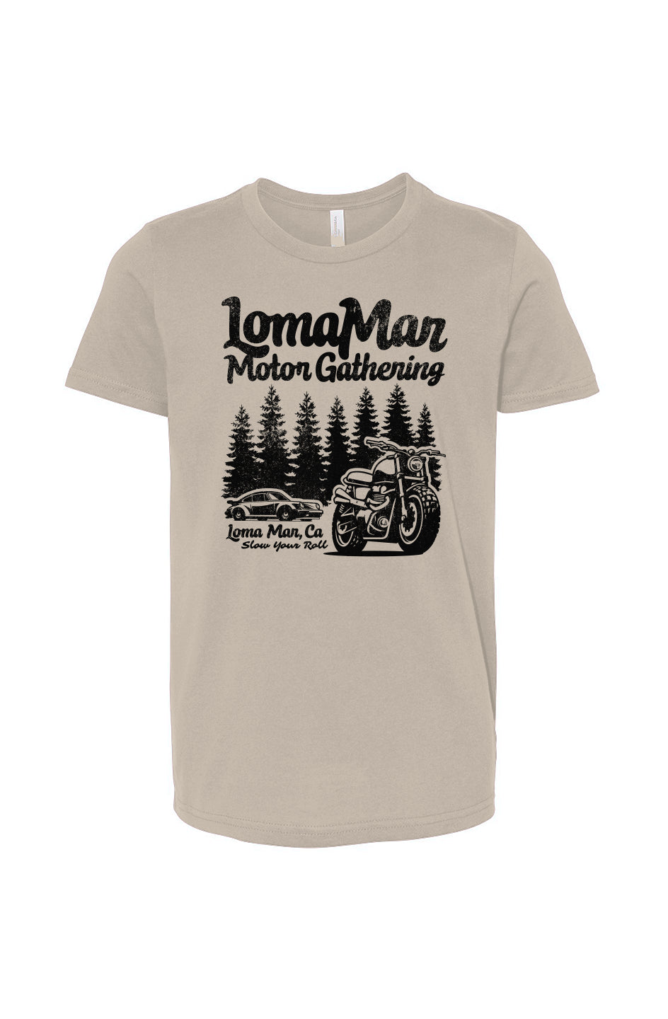 Youth jersey short sleeve t-shirt with "Loma Mar Motor Gathering" design on chest