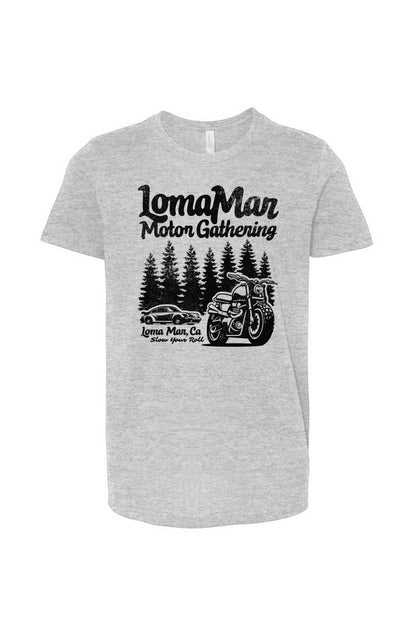 Youth jersey short sleeve t-shirt with "Loma Mar Motor Gathering" design on chest