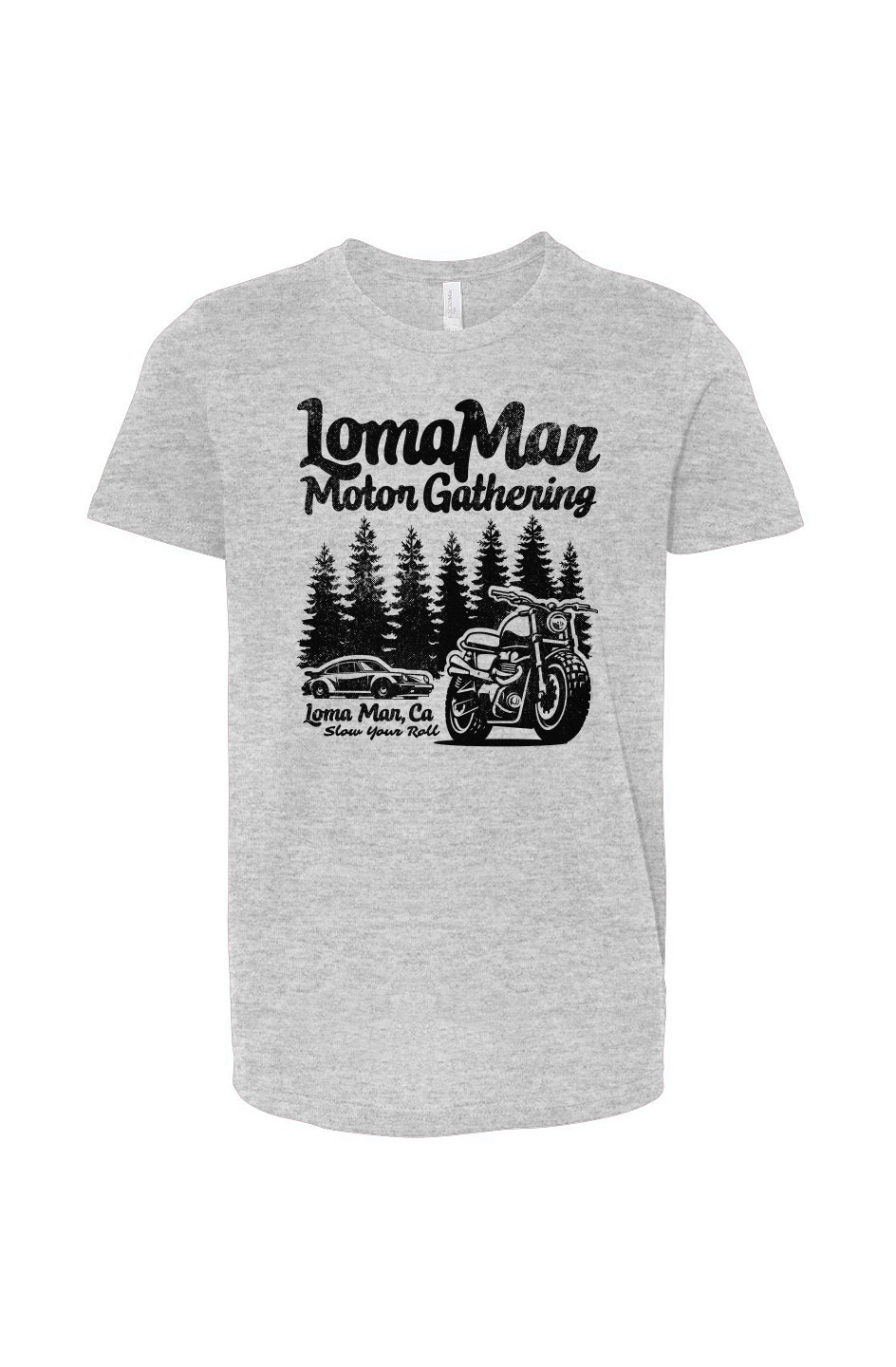 Youth jersey short sleeve t-shirt with "Loma Mar Motor Gathering" design on chest