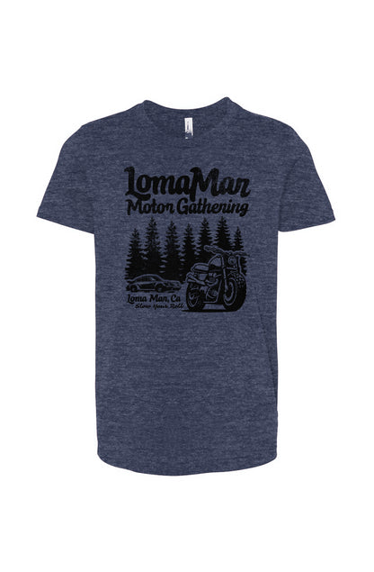 Youth jersey short sleeve t-shirt with "Loma Mar Motor Gathering" design on chest