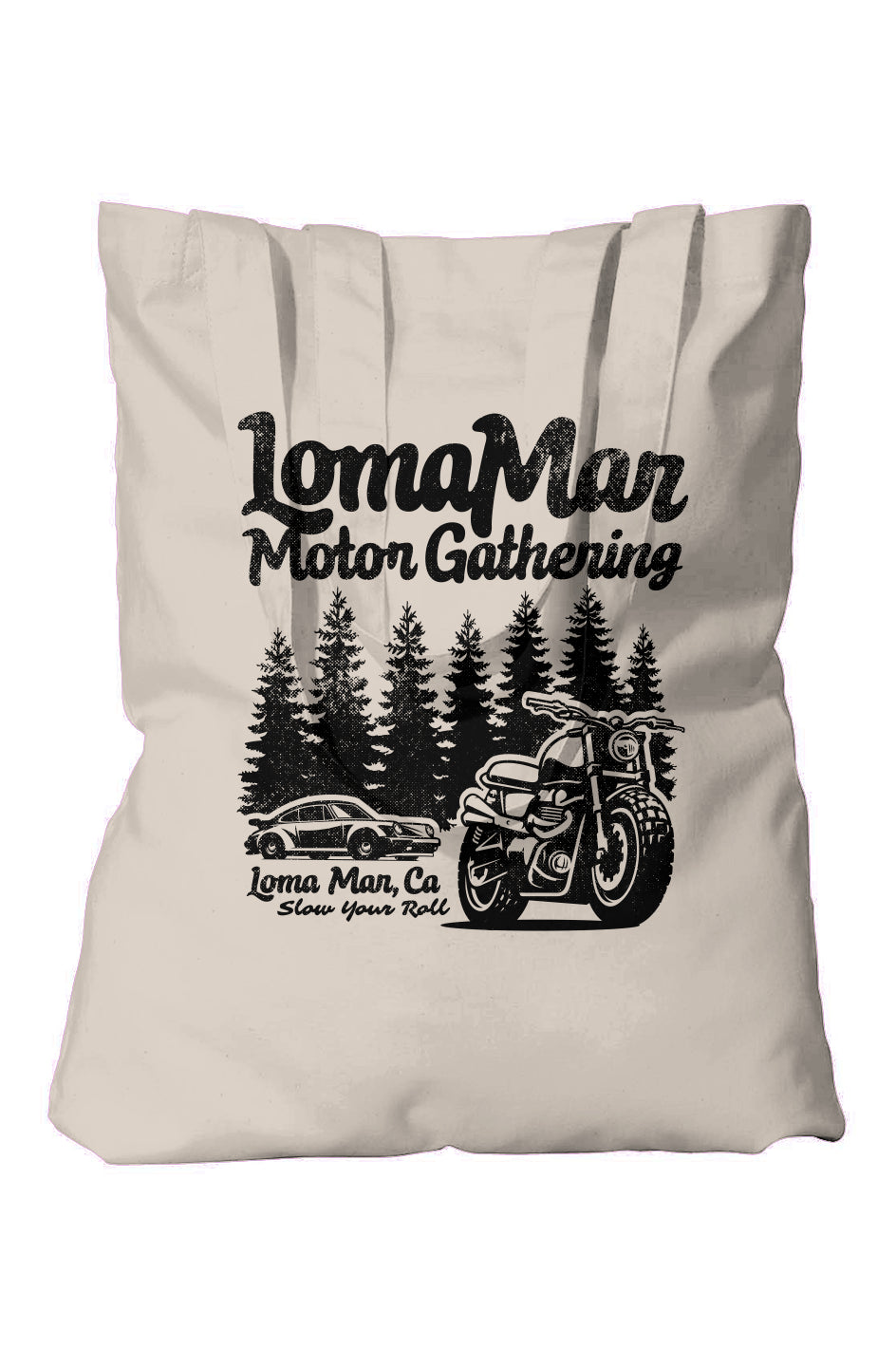 Eco Tote canvas bag with "Loma Mar Motor Gathering" design on front