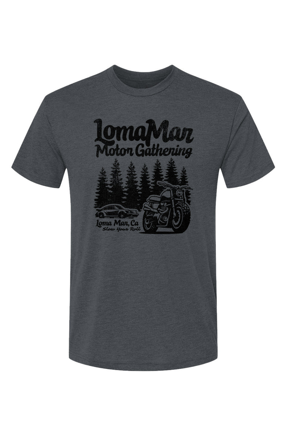 Unisex Triblend short sleeve t-shirt with "Loma Mar Motor Gathering" design on chest