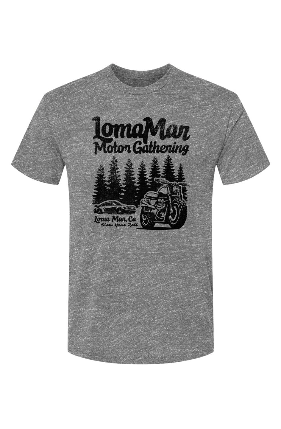 Unisex Triblend short sleeve t-shirt with "Loma Mar Motor Gathering" design on chest