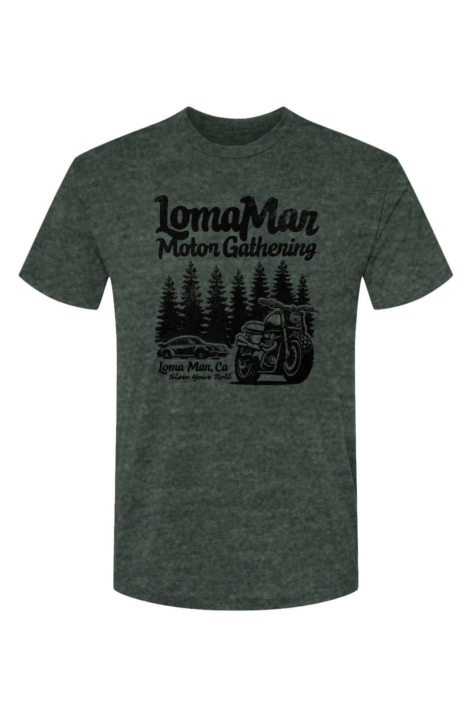 Unisex Triblend short sleeve t-shirt with "Loma Mar Motor Gathering" design on chest