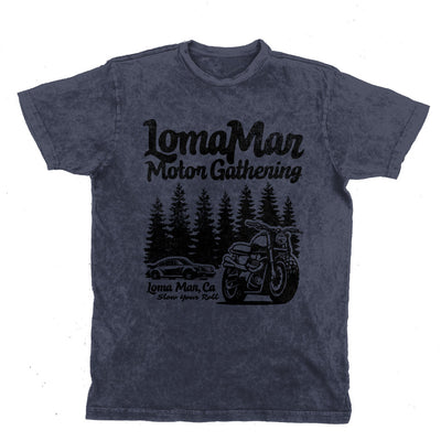 Unisex vintage short sleeve t-shirt with "Loma Mar Motor Gathering" design on chest