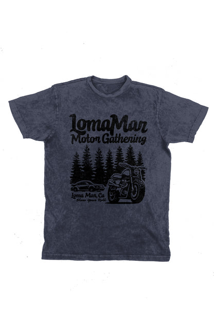 Unisex vintage short sleeve t-shirt with "Loma Mar Motor Gathering" design on chest