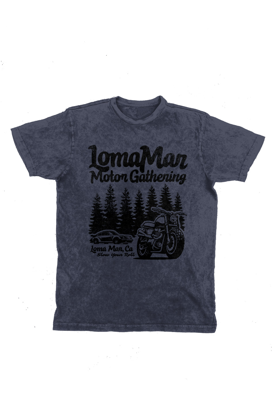 Unisex vintage short sleeve t-shirt with "Loma Mar Motor Gathering" design on chest