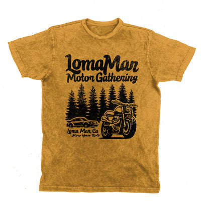 Unisex vintage short sleeve t-shirt with "Loma Mar Motor Gathering" design on chest