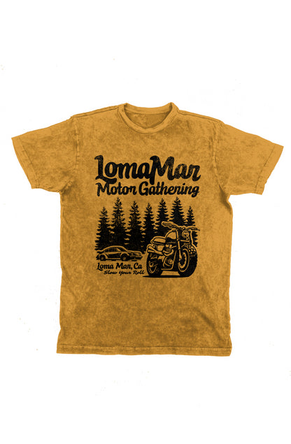 Unisex vintage short sleeve t-shirt with "Loma Mar Motor Gathering" design on chest