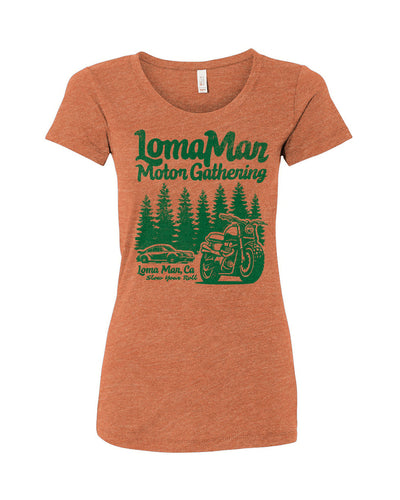 Women's triblend short sleeve t-shirt with "Loma Mar Motor Gathering" design on chest