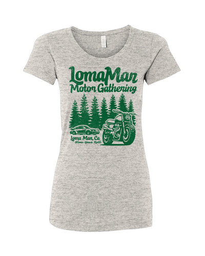 Women's triblend short sleeve t-shirt with "Loma Mar Motor Gathering" design on chest