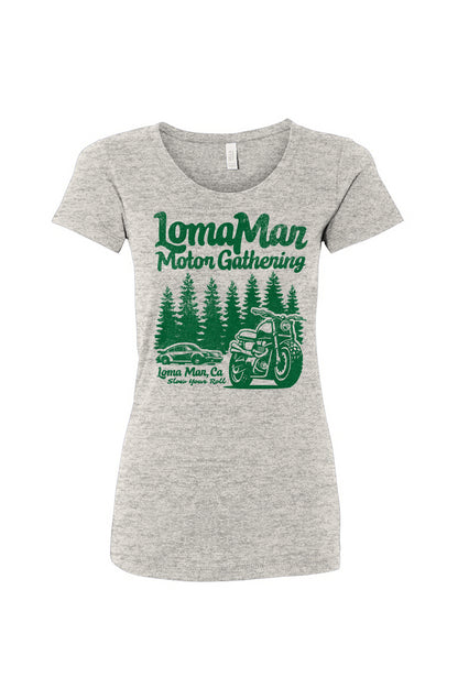 Women's triblend short sleeve t-shirt with "Loma Mar Motor Gathering" design on chest