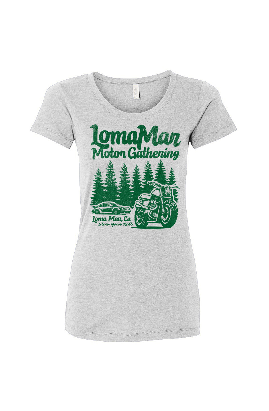 Women's triblend short sleeve t-shirt with "Loma Mar Motor Gathering" design on chest