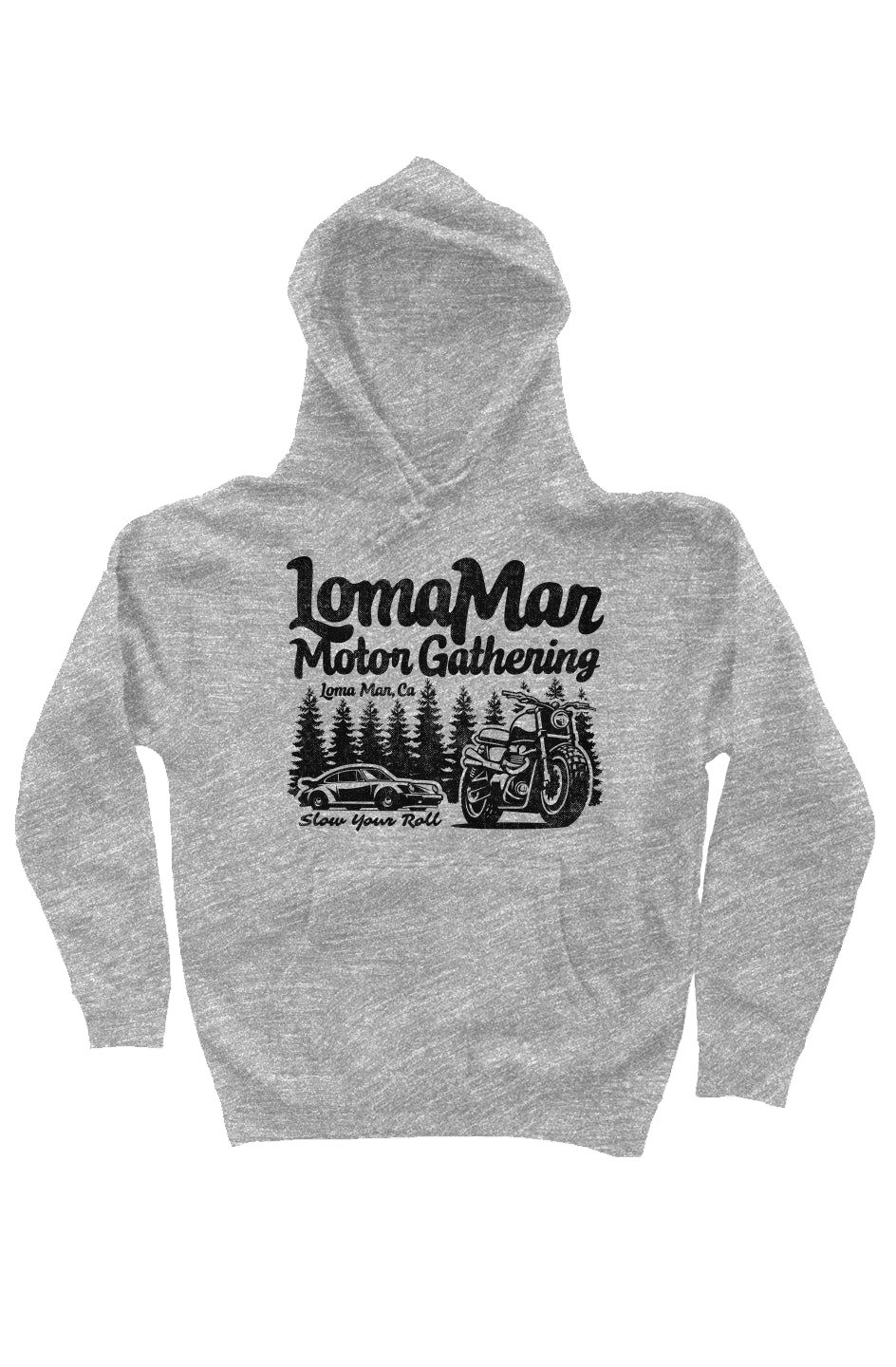 Hooded pullover sweatshirt with "Loma Mar Motor Gathering" design on chest