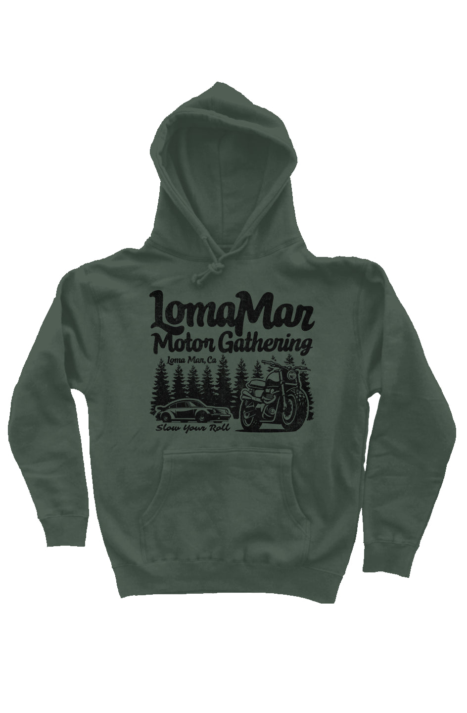 Hooded pullover sweatshirt with "Loma Mar Motor Gathering" design on chest