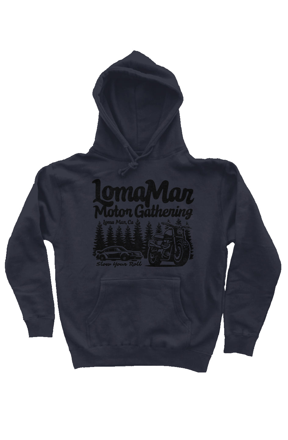 Hooded pullover sweatshirt with "Loma Mar Motor Gathering" design on chest