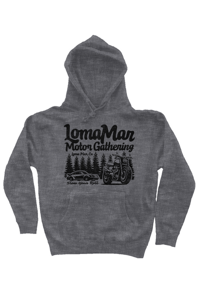 Hooded pullover sweatshirt with "Loma Mar Motor Gathering" design on chest