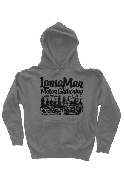 Hooded pullover sweatshirt with "Loma Mar Motor Gathering" design on chest