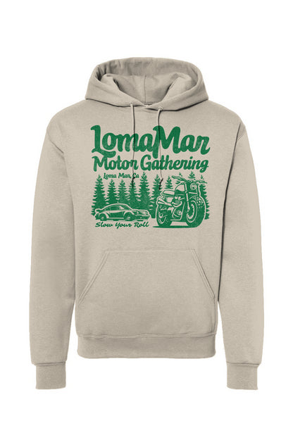 Hooded sweatshirt with "Loma Mar Motor Gathering" design on chest