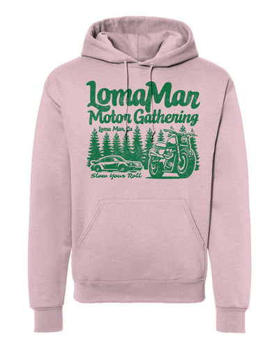 Hooded sweatshirt with "Loma Mar Motor Gathering" design on chest