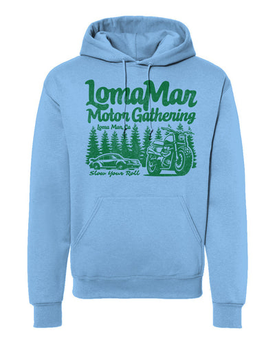 Hooded sweatshirt with "Loma Mar Motor Gathering" design on chest