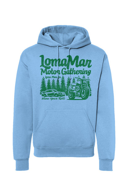 Hooded sweatshirt with "Loma Mar Motor Gathering" design on chest