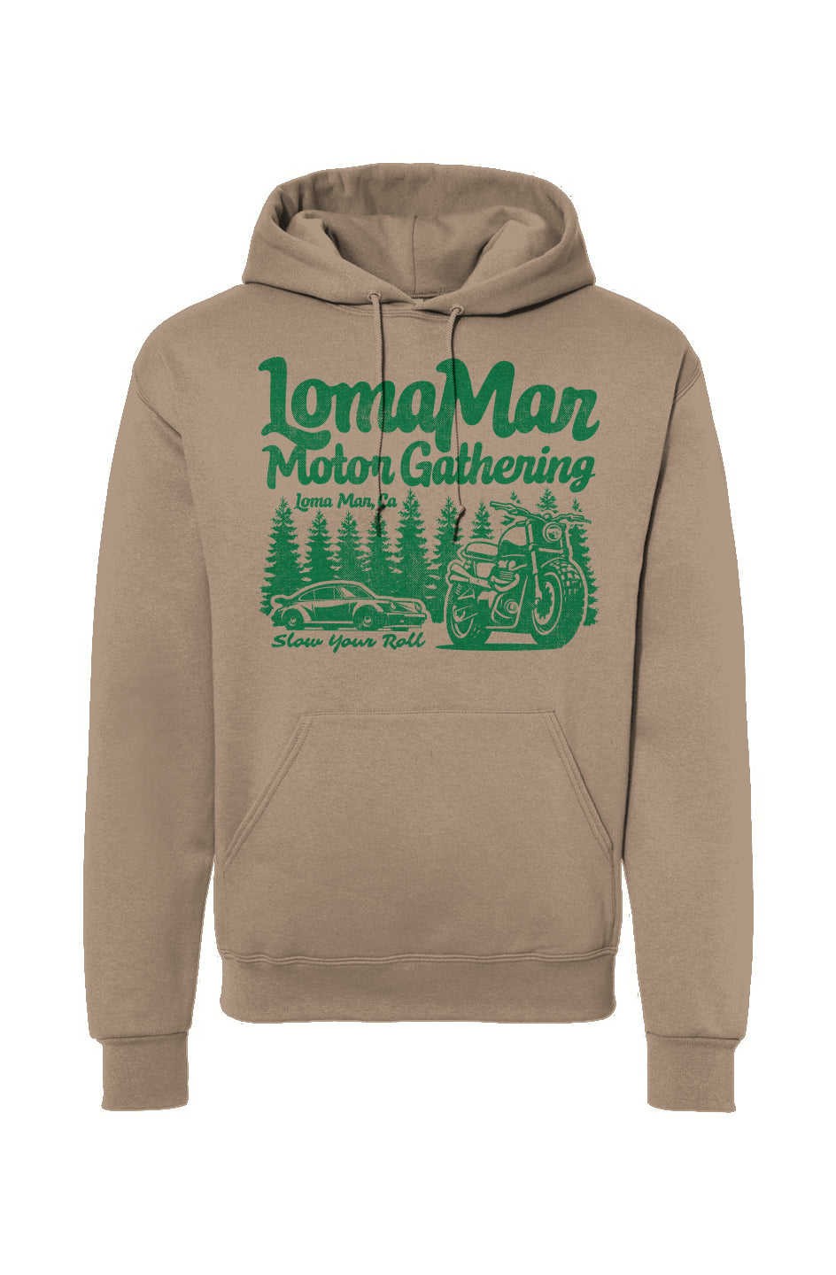 Hooded sweatshirt with "Loma Mar Motor Gathering" design on chest