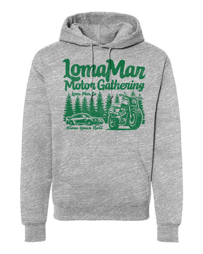 Hooded sweatshirt with "Loma Mar Motor Gathering" design on chest