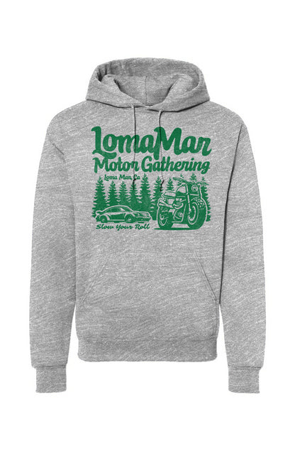 Hooded sweatshirt with "Loma Mar Motor Gathering" design on chest