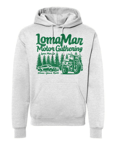 Hooded sweatshirt with "Loma Mar Motor Gathering" design on chest