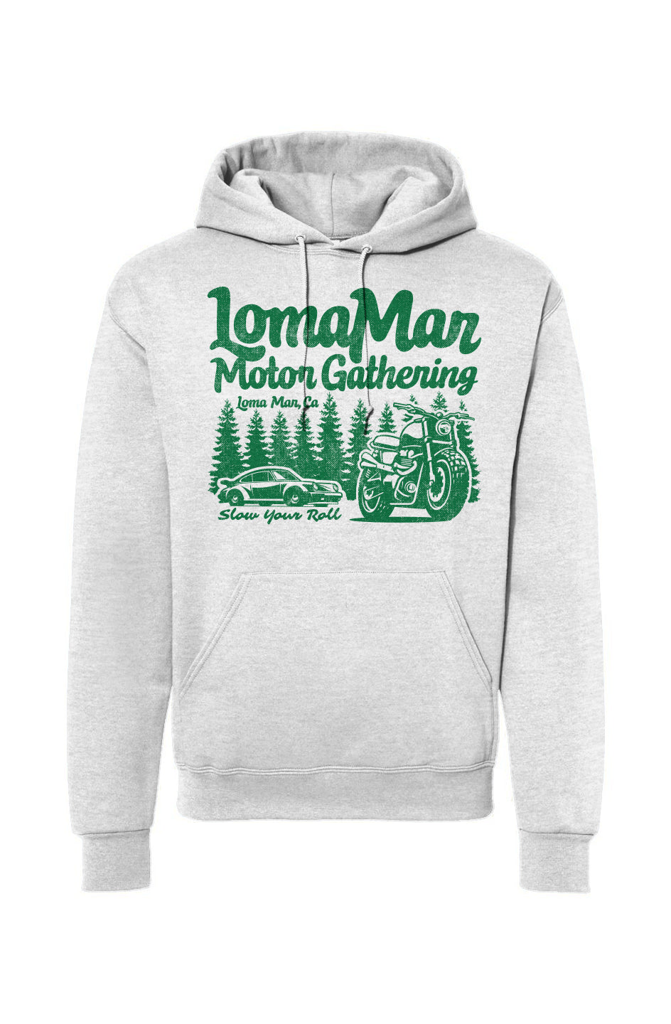 Hooded sweatshirt with "Loma Mar Motor Gathering" design on chest