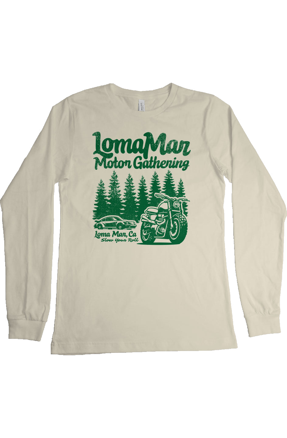 "loma mar motor gathering" long sleeve t-shirt with green print