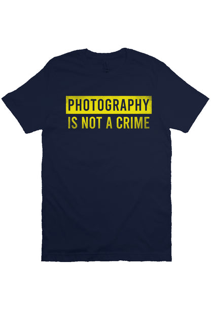 short sleeve t-shirt with "photography is not a crime" in yellow on chest