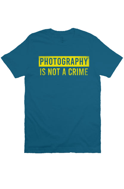 short sleeve t-shirt with "photography is not a crime" in yellow on chest