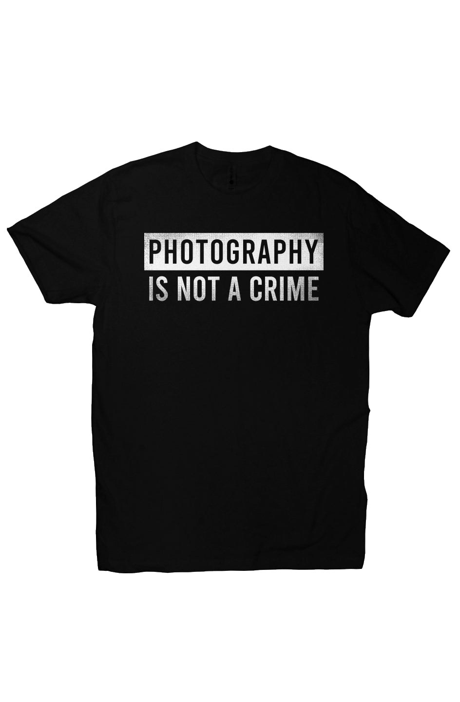 Short sleeve t-shirt with "photography is not a crime" design on chest