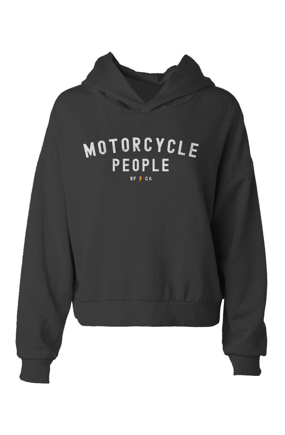 Women's hip height crop hoodie with "motorcycle people" SF CA design on chest