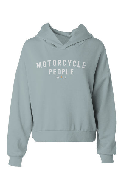 Women's hip height crop hoodie with "motorcycle people" SF CA design on chest