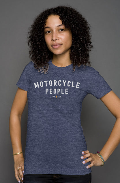 Attractive woman wearing heather short sleeve t-shirt with "motorcycle people" SF CA design on chest