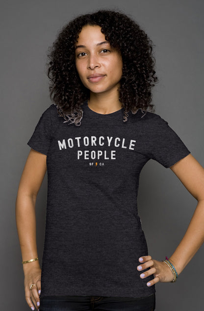 Attractive woman wearing heather short sleeve t-shirt with "motorcycle people" SF CA design on chest