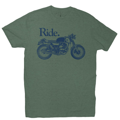 "Ride" cafe racer design on chest of short sleeve t-shirt