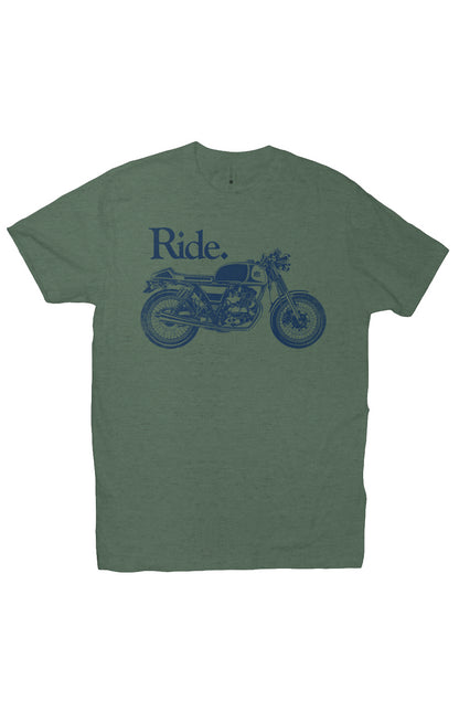 "Ride" cafe racer design on chest of short sleeve t-shirt