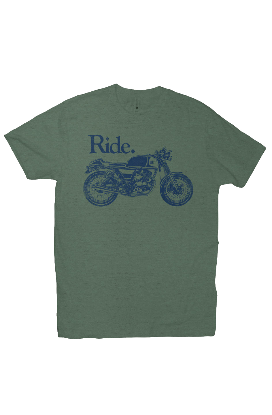 "Ride" cafe racer design on chest of short sleeve t-shirt