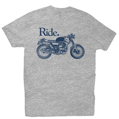 "Ride" cafe racer design on chest of short sleeve t-shirt