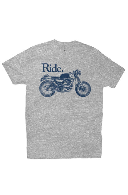 "Ride" cafe racer design on chest of short sleeve t-shirt