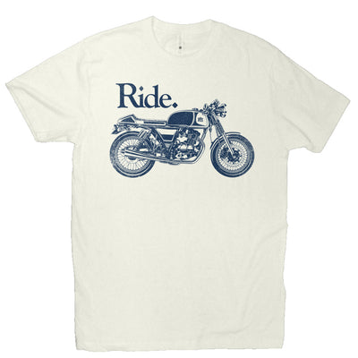 "Ride" cafe racer design on chest of short sleeve t-shirt