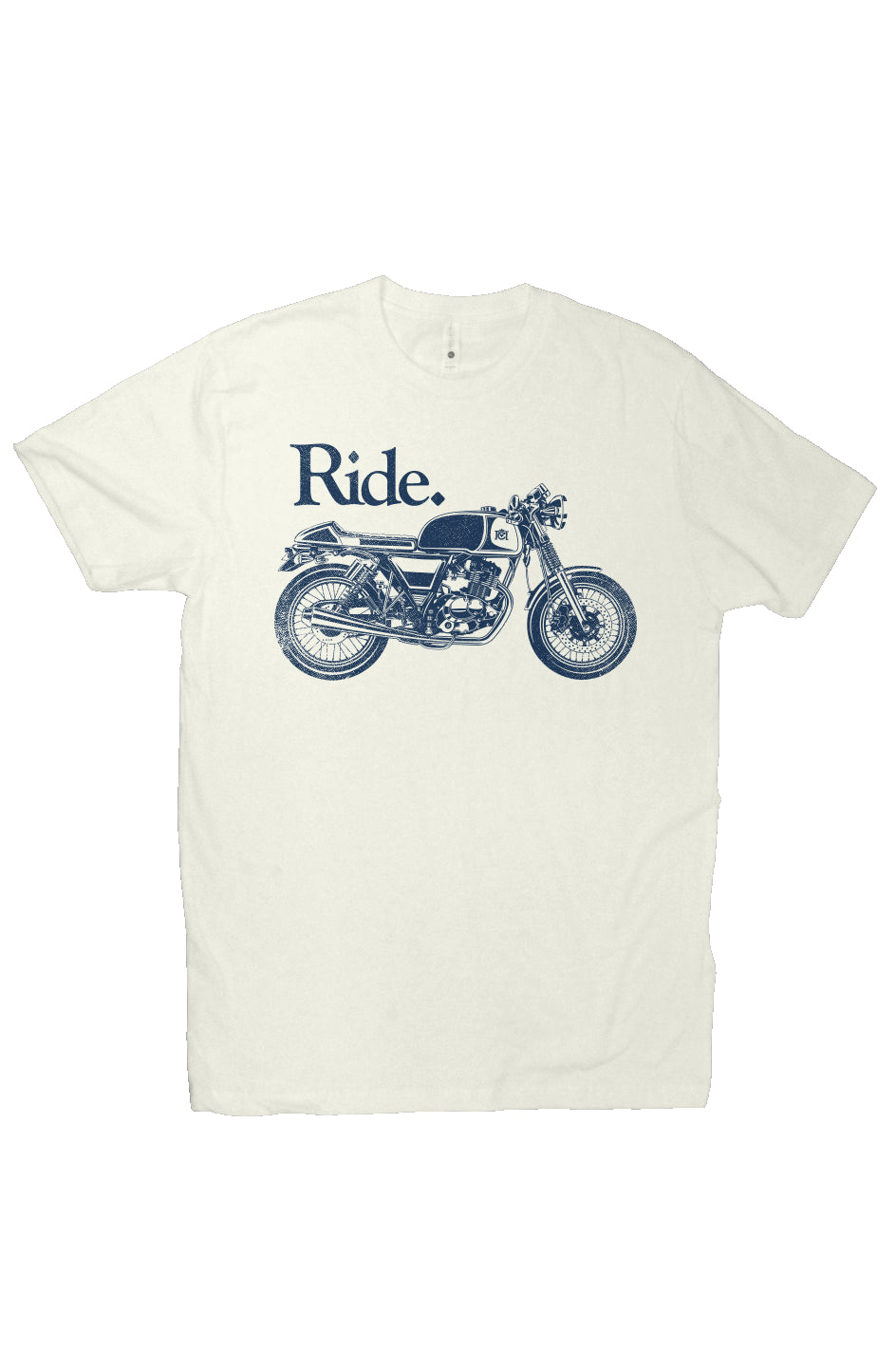 "Ride" cafe racer design on chest of short sleeve t-shirt