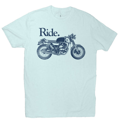 "Ride" cafe racer design on chest of short sleeve t-shirt