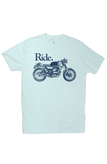 "Ride" cafe racer design on chest of short sleeve t-shirt