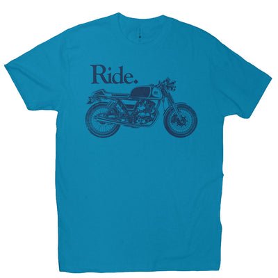 "Ride" cafe racer design on chest of short sleeve t-shirt